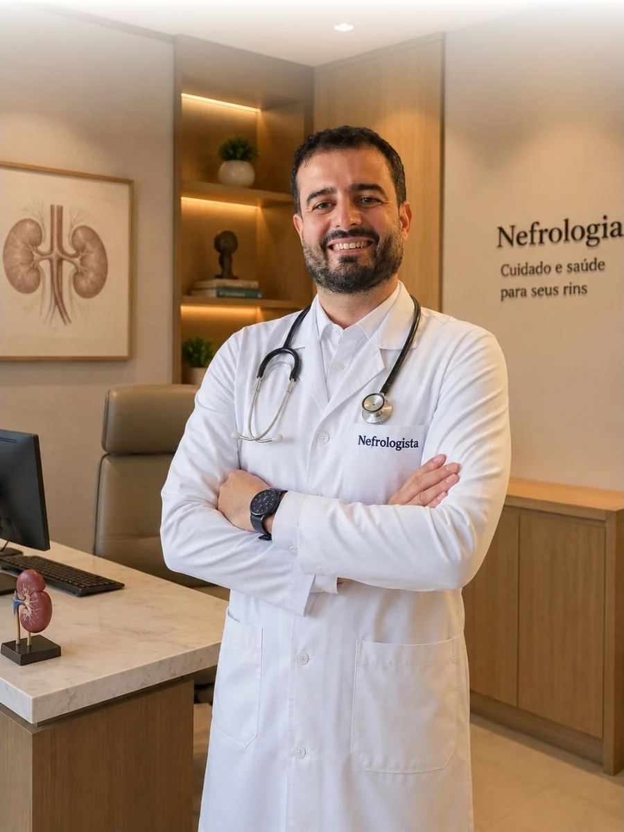 Dr. André Alcântara em seu consultório de nefrologia em Campinas